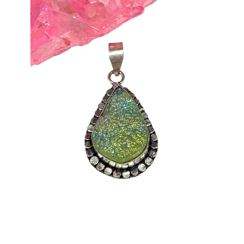 Green Titanium Druzy Necklace Pendant 925 Sterling Silver Overlay